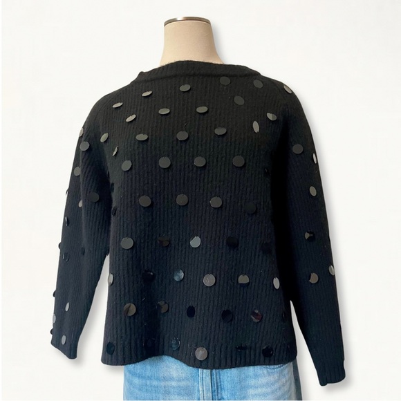 Vintage Michael Simon Black Sequin Paillette Fuzzy Ribbed Knit Crewneck Sweater - Picture 2 of 10